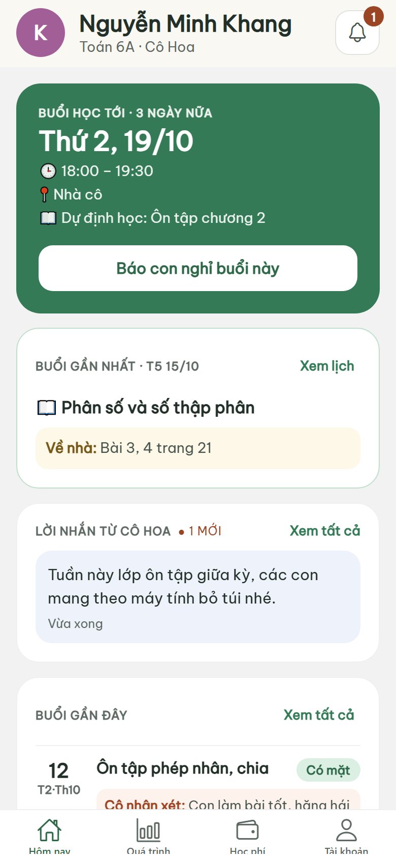 Trang của con trên điện thoại phụ huynh: buổi học tới, bài về nhà, lời nhắn của cô